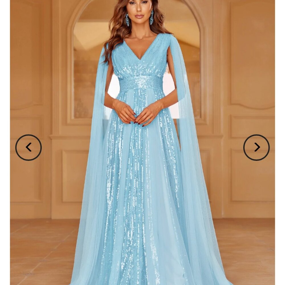 PROM/FORMAL DRESS. NEW WITH TAGS. LIGHT BLUE SEQUINS & LACE. SIZE SMALL. (3275)